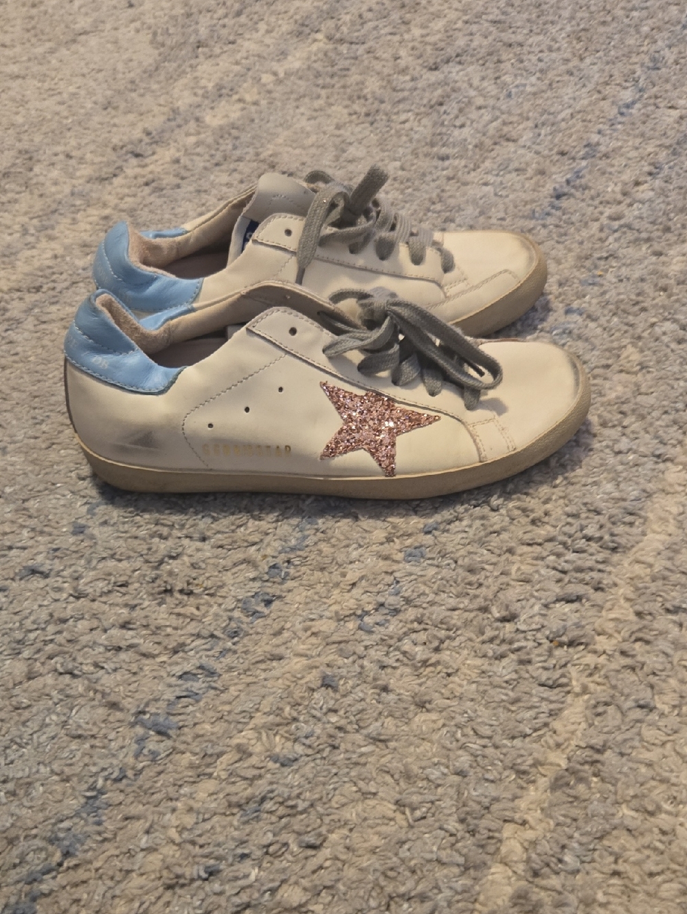 Golden Goose Superstar Sneakers White Leather Pink Glitter Star Blue Heel EU 38